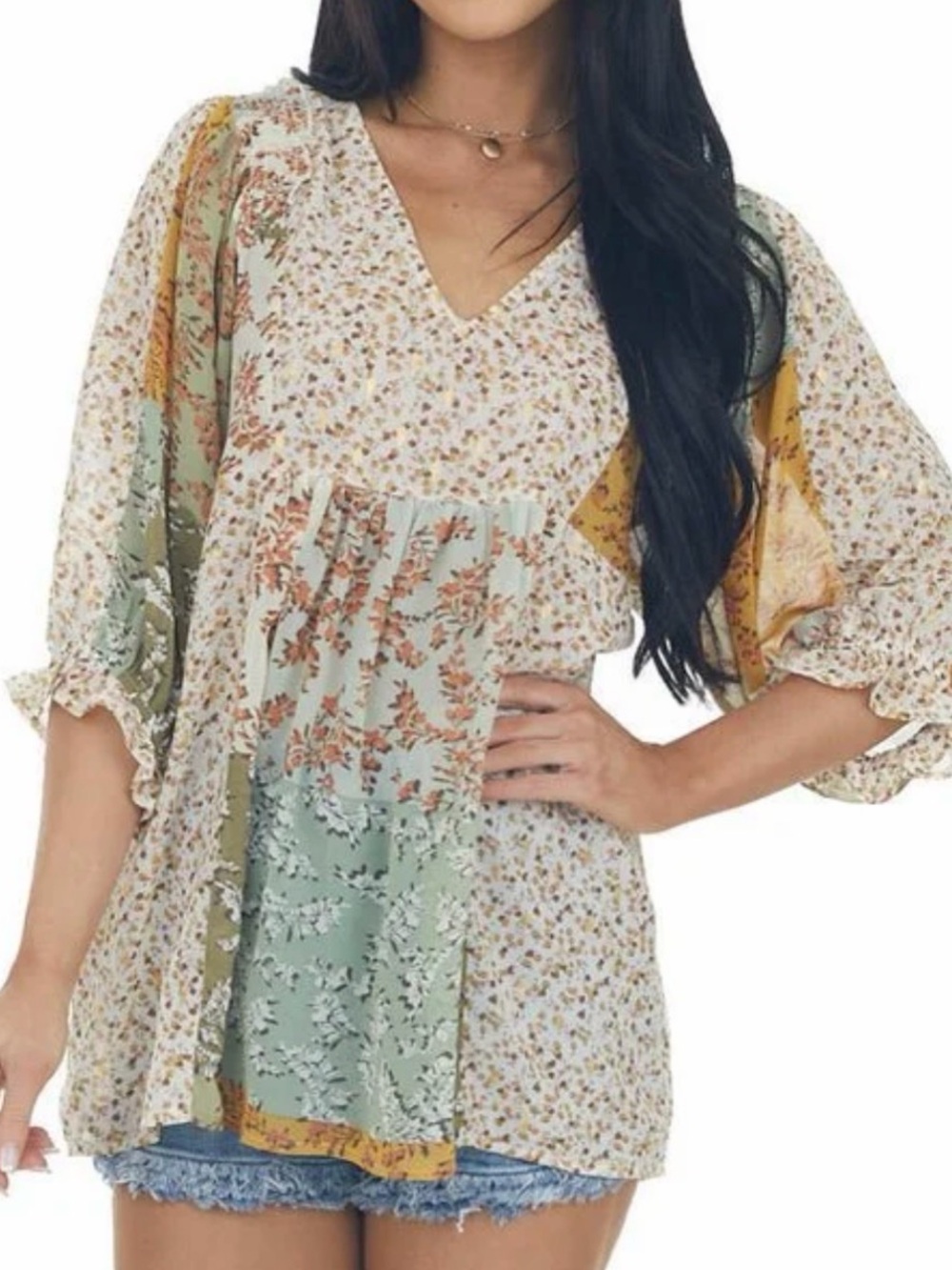Umgee USA Large Boho Patchwork Tunic Top Balloon Sleeve Peasant Cottagecore READ